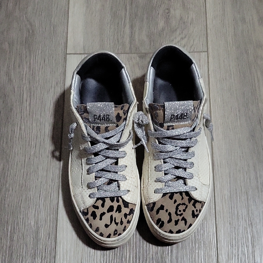 P448 Cream and Leopard Sneakers with Silver Accents Size 40